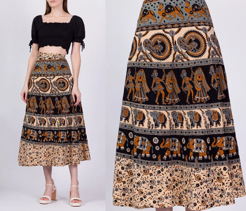 Vintage Indian Block Print Midi Wrap Skirt - Medium to Large a-line skirt cut