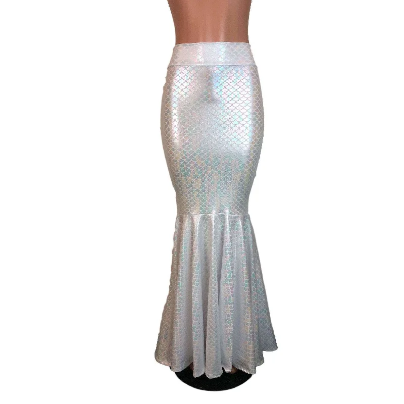 Long Mermaid Skirt - White Mermaid Scales Fit n Flare Maxi Skirt velvet skirt plush