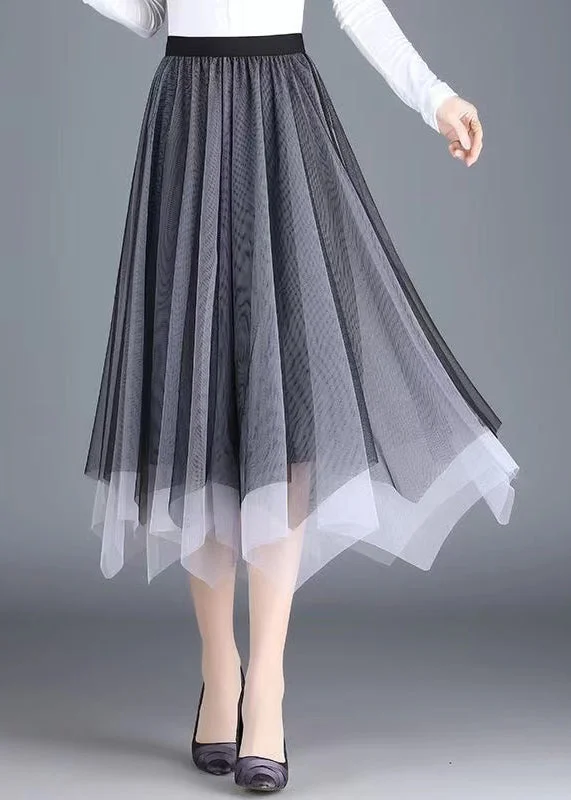 Women Black Grey Asymmetrical Wrinkled Tulle Skirt Spring silk skirt elegant