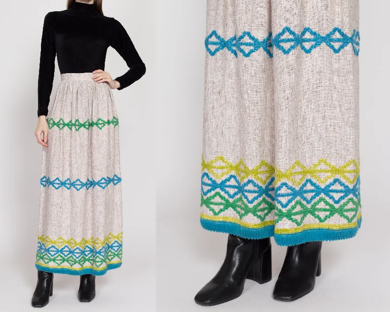 XS 70s Boho Embroidered Woven Maxi Skirt 24.5" zip skirt side