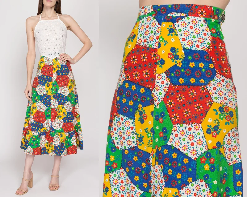 XS 70s Boho Floral Patchwork Midi Skirt breathable skirt fabric