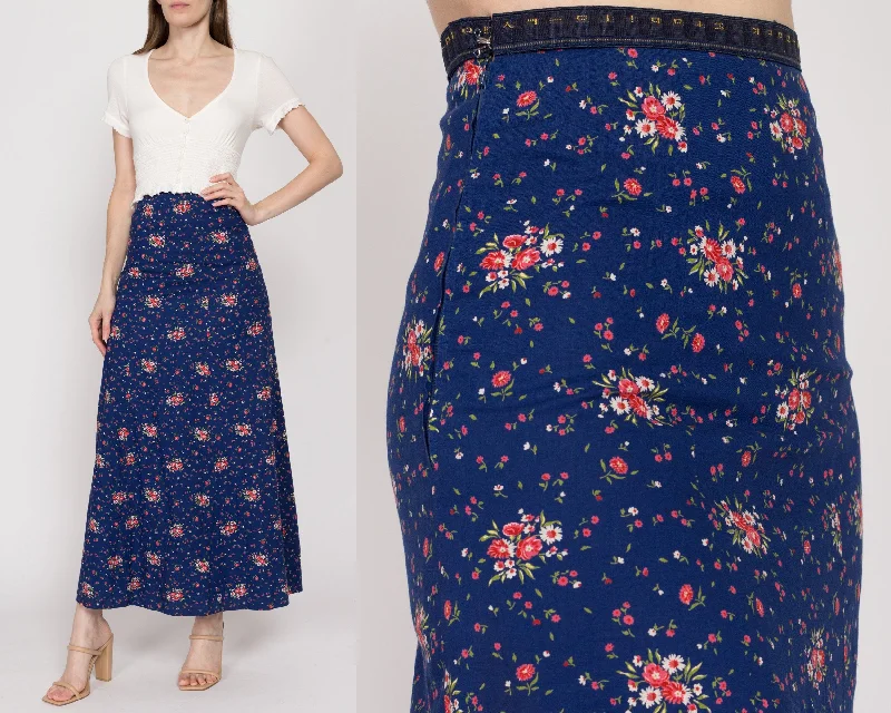 XS 70s Navy Blue Floral Maxi Skirt relaxed fit skirt