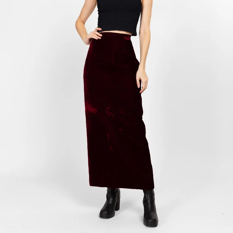 XS 70s Oxblood Red Velvet Maxi Skirt 25" denim skirt fashionable