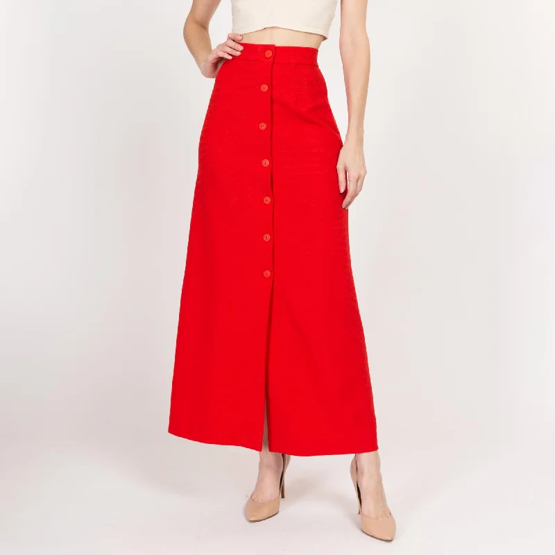 XS 70s Red Button Up Maxi Skirt 24" velvet skirt plush