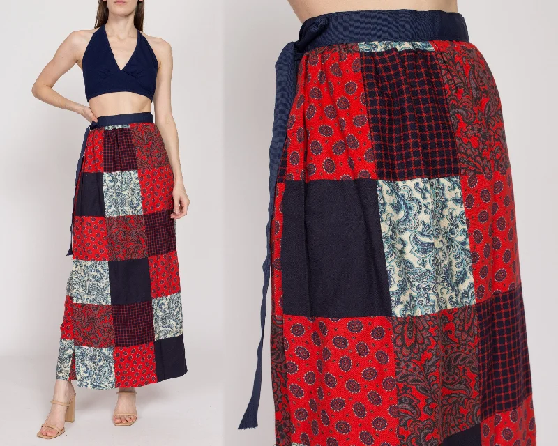 XS-Sm 70s Red White & Blue Patchwork Maxi Wrap Skirt cotton skirt soft