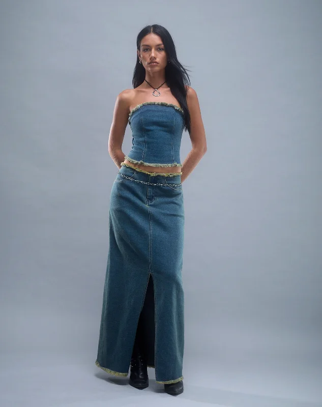 Zaenap Frayed Denim Maxi Skirt in Brown Blue Acid ribbed skirt waist