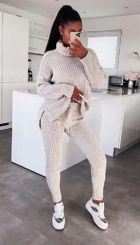 Chunky Ribbed Roll Neck Legging Co-ord Set Fashionable High-Rise Leggings