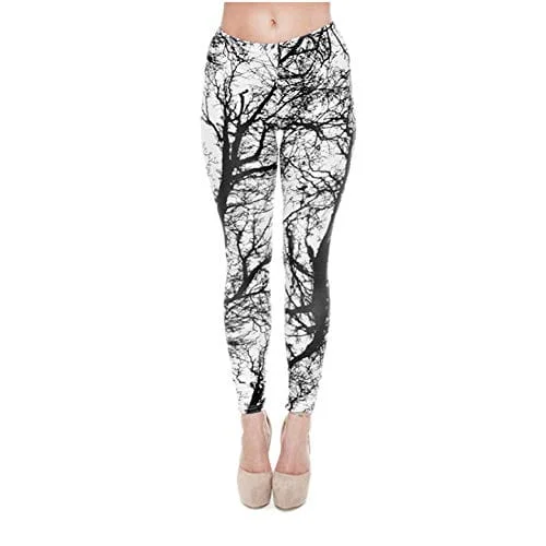 Kanora Black and White Seamless Workout Leggings - Women’s 3D Printed Tree Yoga Leggings, Tummy Control Running Pants (Tree, One Size) Stylish Faux Leather Leggings