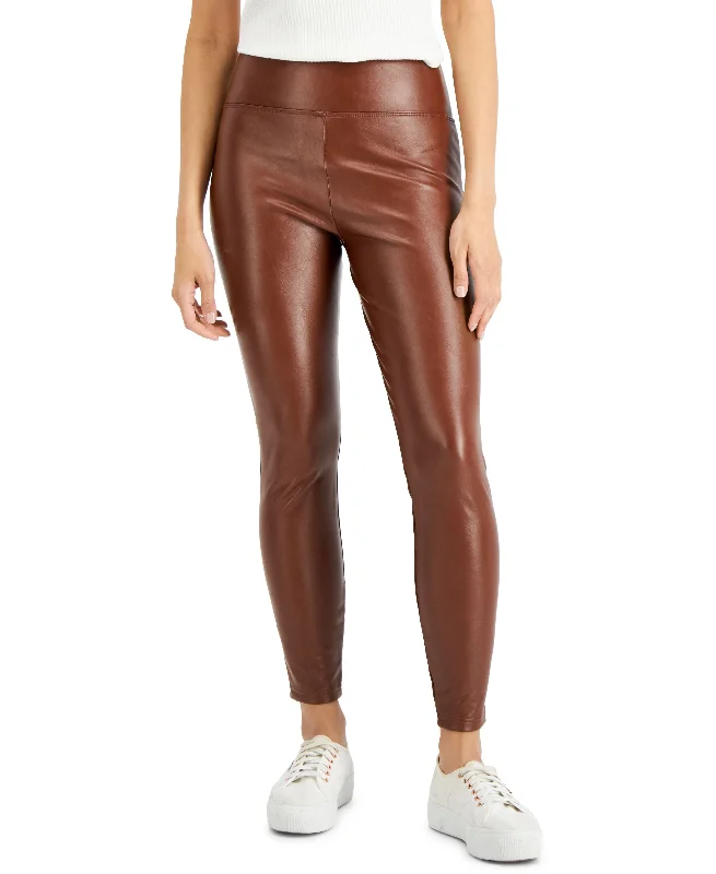 Juniors' High-Rise Faux-Leather Leggings Trendy Adjustable Waist Leggings