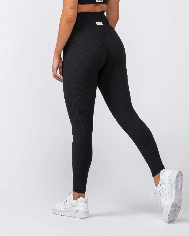 Muscle Nation | Zero Rise Rib Ankle Length Leggings - Black (Silicone Logo) Chic Velvet Soft Leggings