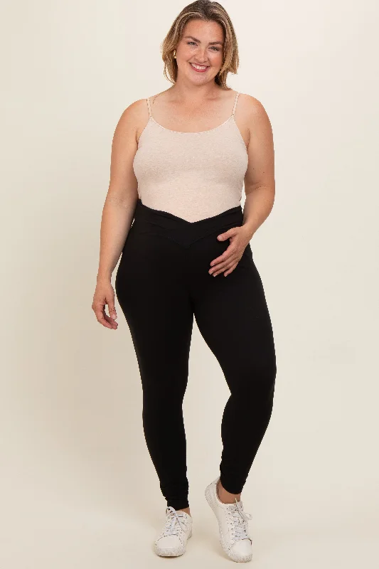 Black Crossover Maternity Plus Leggings Stylish Stretch-Waist Leggings