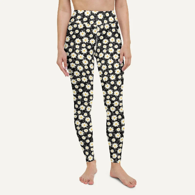 Summer Daisies Black High-Waisted Leggings Comfortable Capri-Length Leggings