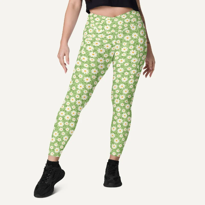 Summer Daisies Green Crossover Leggings With Pockets Casual Black Leggings