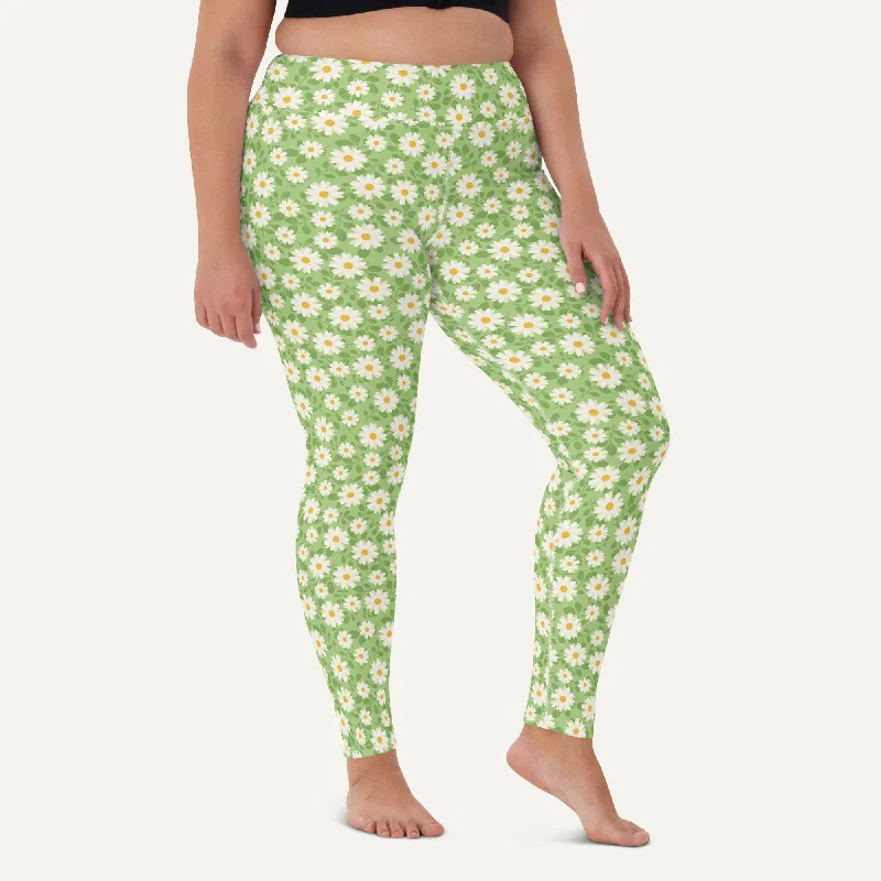 Summer Daisies Green High-Waisted Leggings Trendy Color Block Leggings