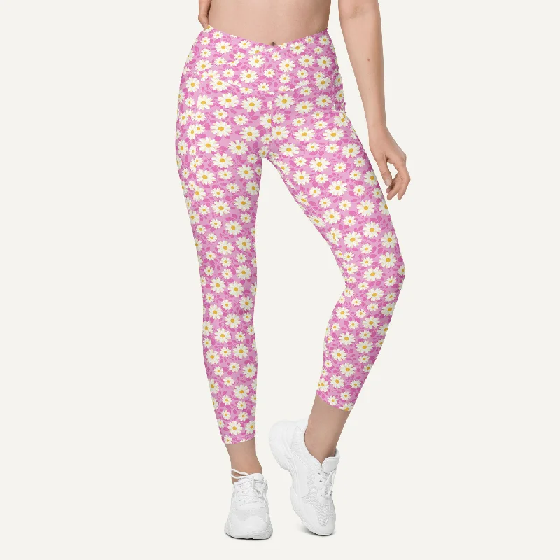 Summer Daisies Pink Crossover Leggings With Pockets Stylish Faux Leather Leggings