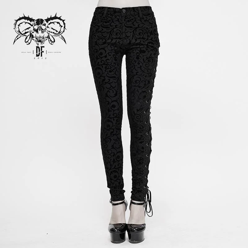 Women's Gothic Strappy Jacquard Leggings Cozy Full-Length Workout Leggings