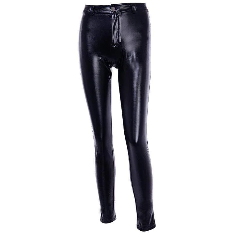 Women's Solid Colored PU Slim Leggings Trendy Side-Pocket Leggings