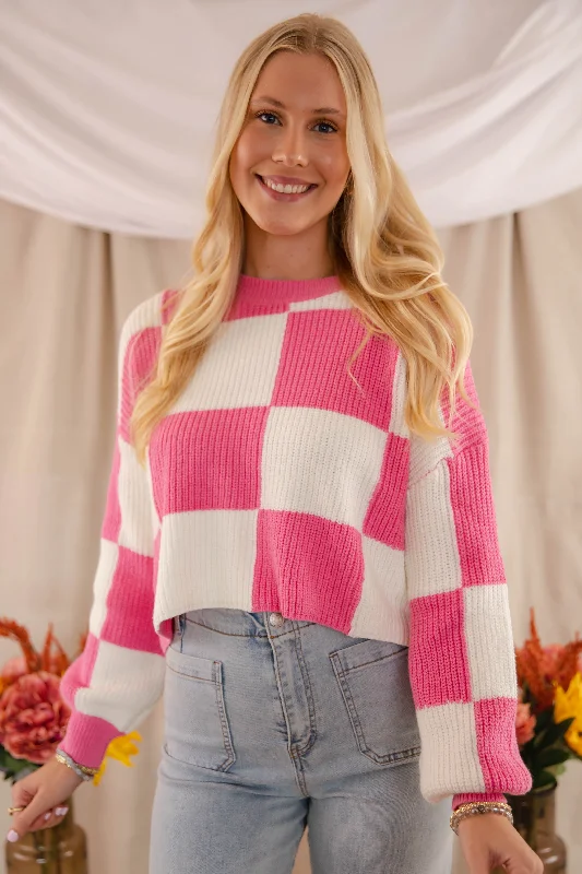 Checking Off the Boxes Sweater-Pink Print Jacquard Patchwork