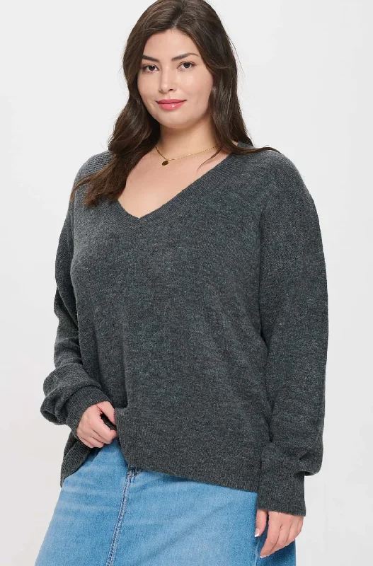 Curvy V Neck Knit Sweater Houndstooth Herringbone Solid