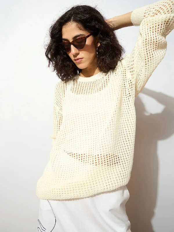 Women Off White Oversized Crochet Sweater Chenille Fabric Brocade Fabric Lace Fabric