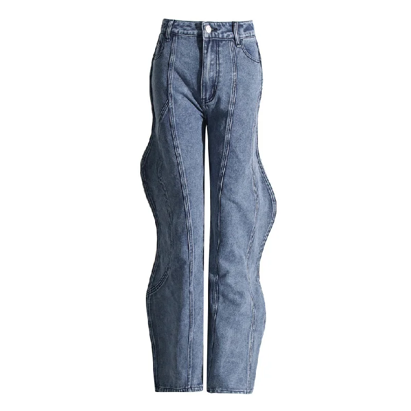 Asymmetric Wave Design High Waist Straight Leg Washed Denim Jeans Stylish High-Waisted Denim