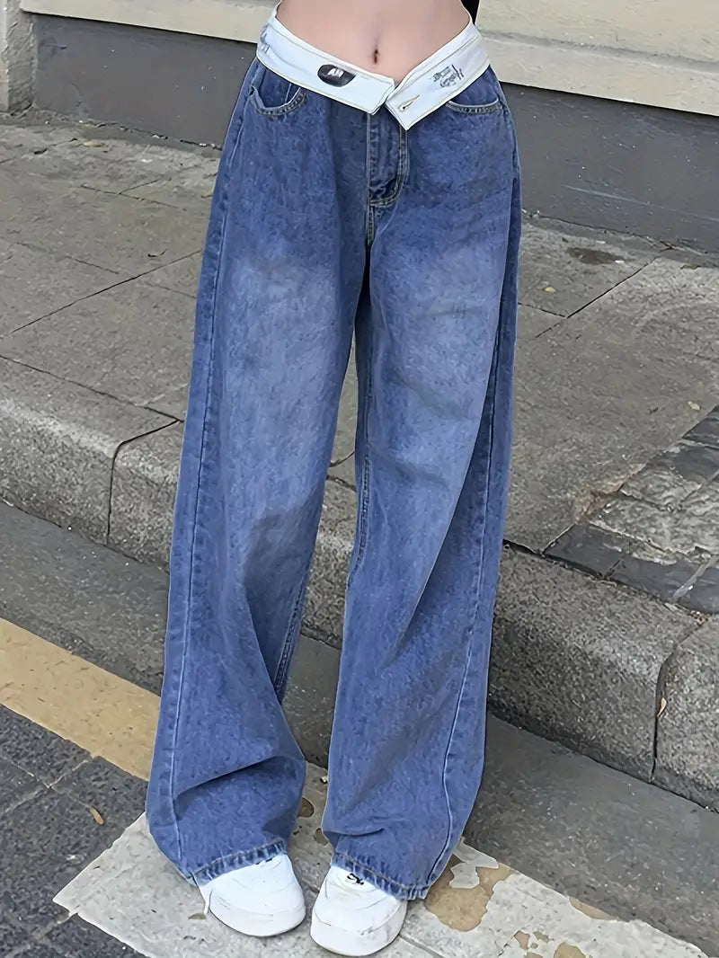 Blue Flipped Waist Design Loose Fit Straight Jeans Casual High-Waisted Bootcut Jeans