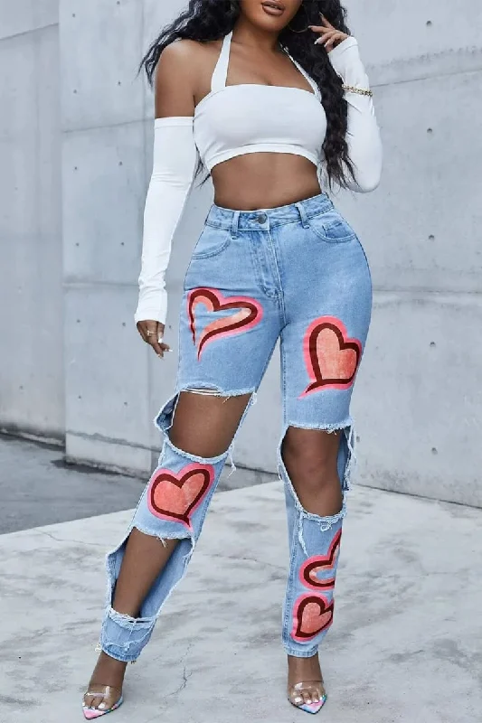 Blue High Waisted Heart Print Ripped Mom Jeans Stylish Slim Fit Denim