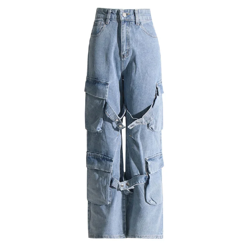 Boyfriend Bleached High Waisted Wide Leg Buttoned Strap Cargo Jeans Casual Distressed Denim Jeans