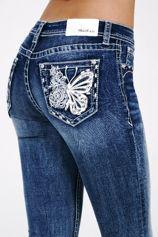 Butterfly Embroidery Mid Rise  Bootcut Jeans Trendy Flared Leg Jeans