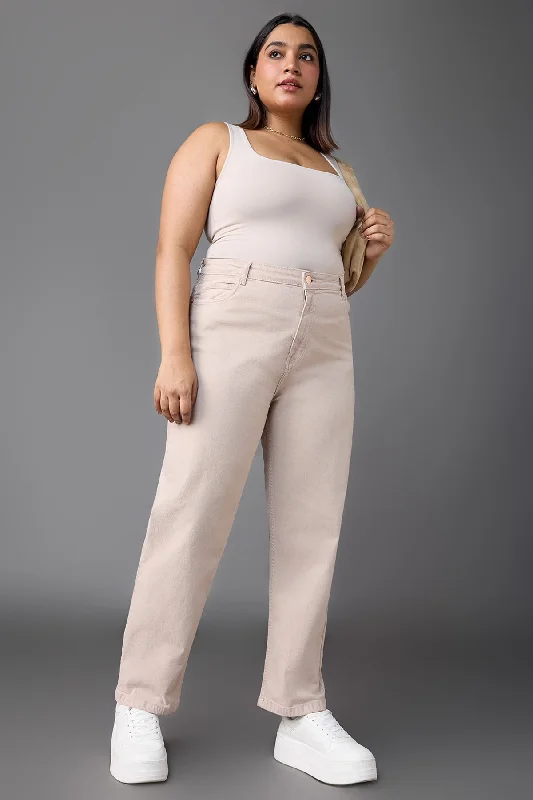 Buttermilk Beige Mom Jeans Curve Cozy Tencel Blend Denim Jeans