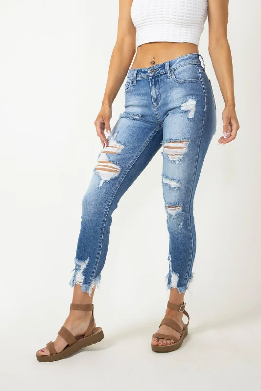 Cello Distressed Fray Ankle Cropped Skinny Jeans for Women | WV74422ML2 Fashionable Mom Jeans