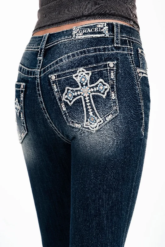 Cross Embroidery Mid Rise  Bootcut Jeans Stylish Acid-Wash Jeans