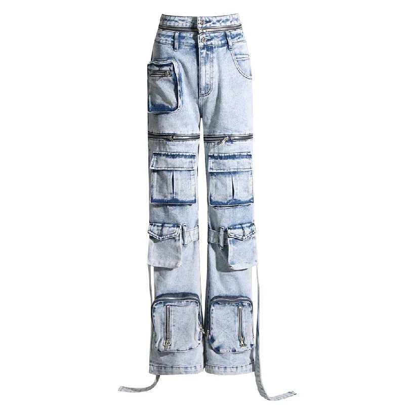 Deconstructed Zip Off Double Waist High Rise Straight Leg Cargo Jeans Comfortable Jogger Style Jeans