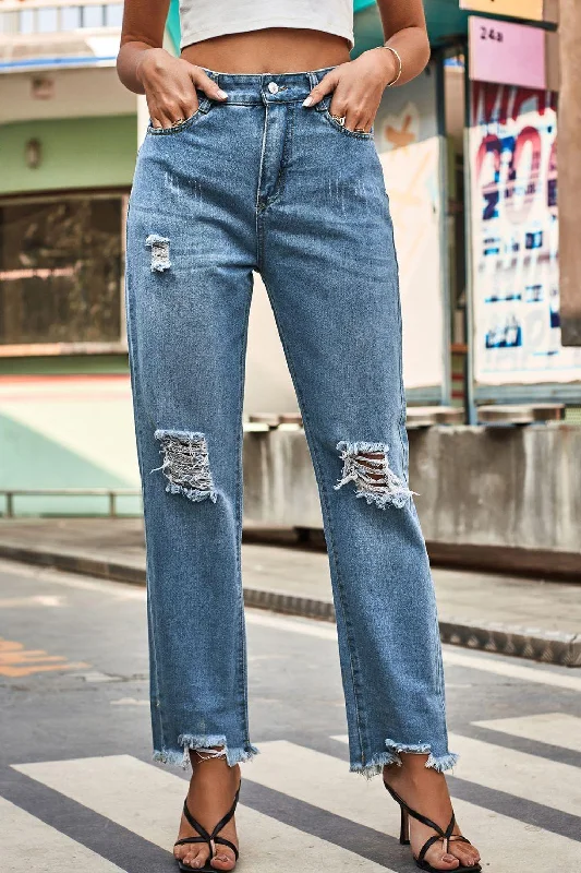 Distressed Buttoned Loose Fit Jeans Casual Straight-Leg Jeans