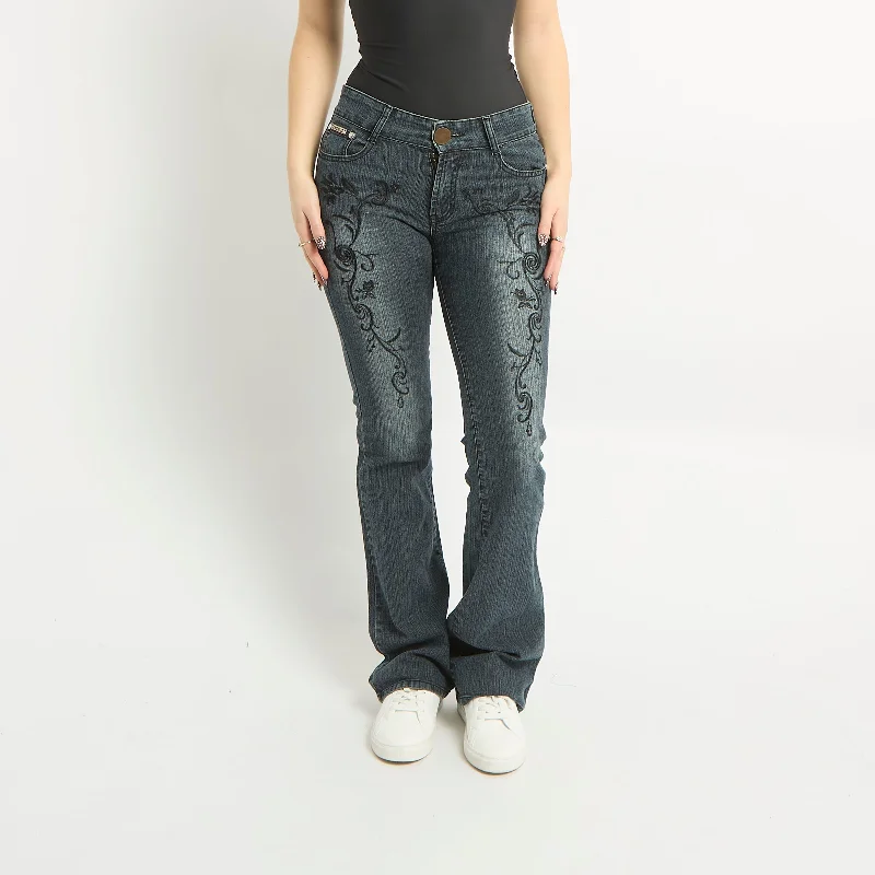 Embroidery Detail Straight Leg Jeans - UK 10 Trendy Low-Rise Slim Jeans