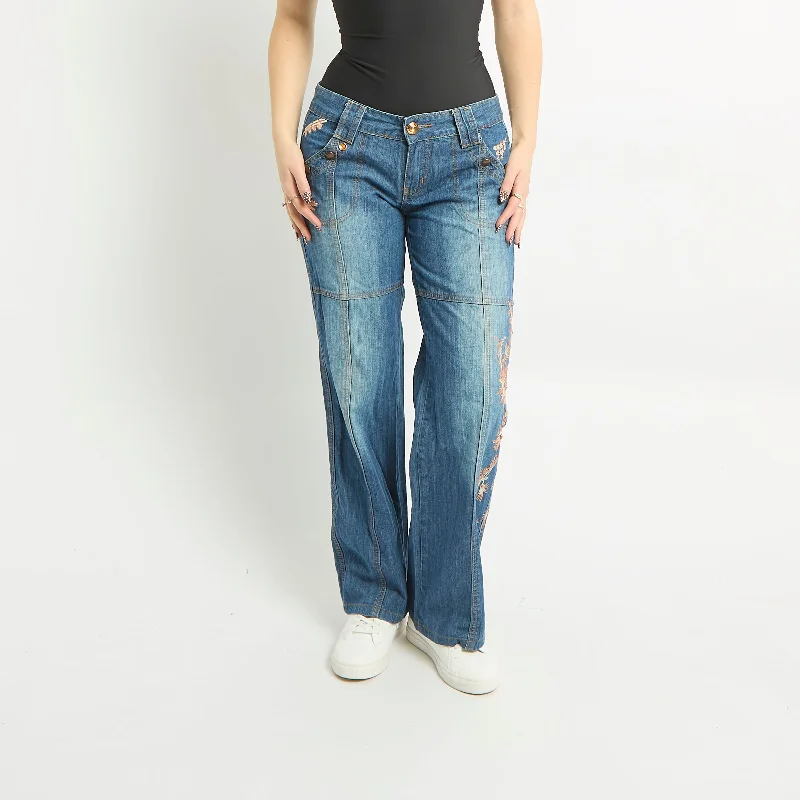 Embroidery Wide Leg Jeans - UK 12 Cozy Relaxed Fit Jeans