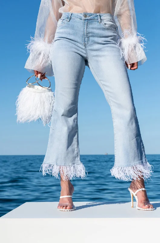 FEATHERS ALL OVER CROP HIGH WAIST JEANS Chic Rolled Cuff Denim Jeans