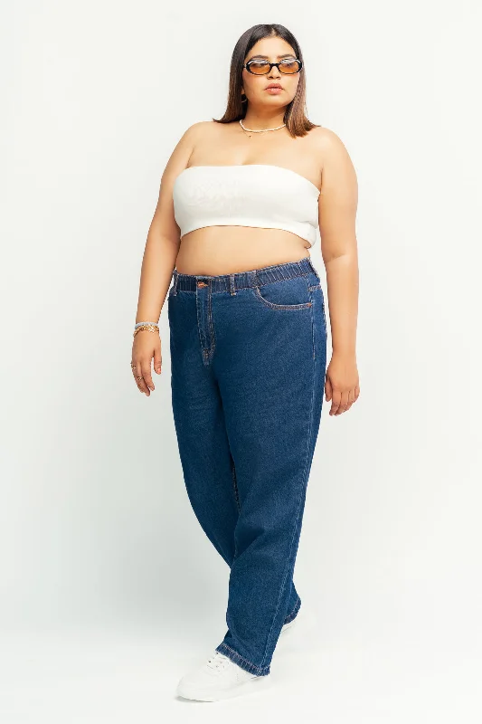 Indigo Elasticated Mom Jeans Fashionable Relaxed Fit Denim