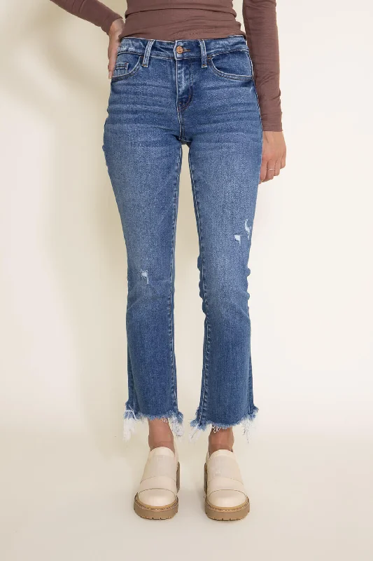 Flying Monkey Mid-Rise Destructed Hem Crop Bootcut Jeans for Women | F5011 Casual Loose Fit Jeans