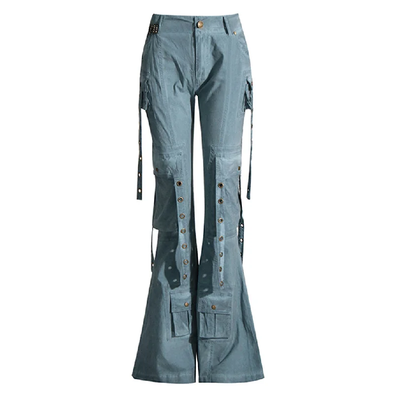 Gothic Low Rise Metallic Grommet Multi Cargo Pocket Flared Denim Jeans Elegant Skinny Leg Jeans