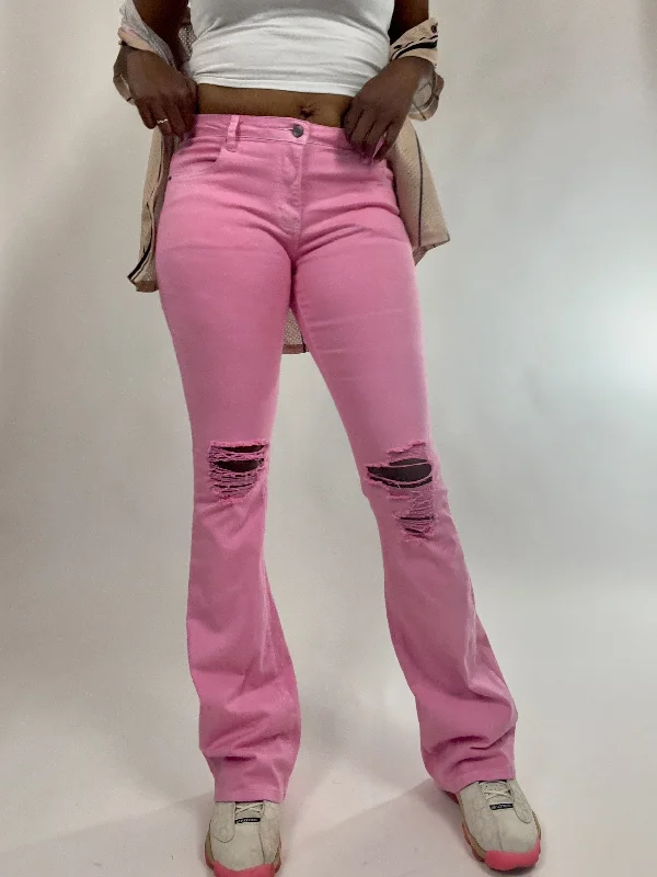 Pink Hand Dyed Flared Distressed Jeans Cozy Relaxed Fit Jeans