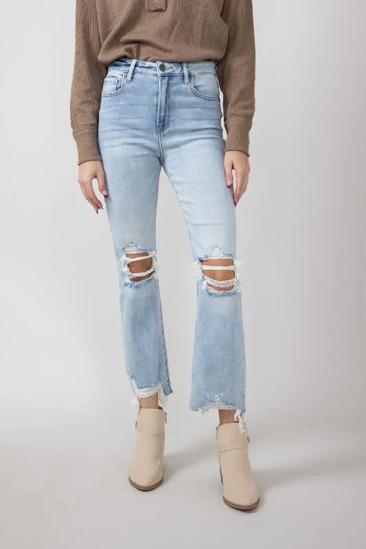 Hidden Happi Distressed Knee Crop Flare Jeans for Women | HD3128C-M Elegant High-Waisted Flared Jeans