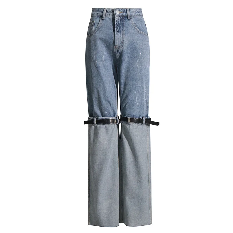 High Street High Waist Contrast Blue Belted Turn-up Straight Leg Hybrid Jeans Comfortable Ankle Jeans