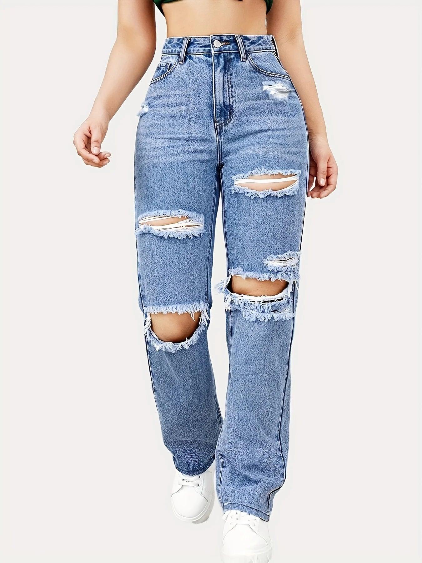 High Waisted Frayed Ripped Jeans Comfortable Zip-Up Skinny Jeans