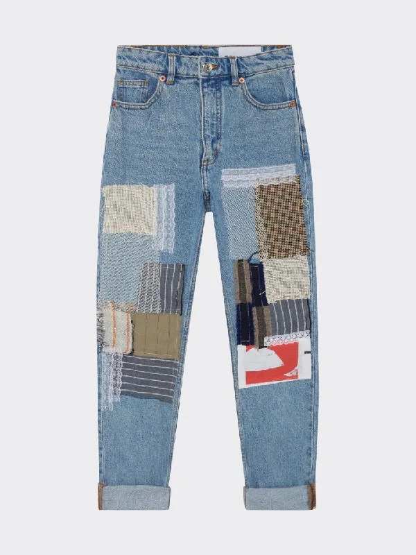 High Waisted Recycled "Fully Patchwork" Jeans, Blue Denim Stylish Paperbag Waist Denim