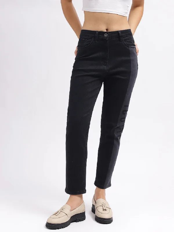 Iconic Women Black Colour blocked Slim Straight Fit Mid-Rise Jeans Casual Distressed Denim Jeans