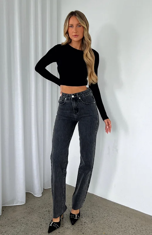 Jordyn High Waisted Straight Leg Jeans Washed Black Chic Cropped Jeans