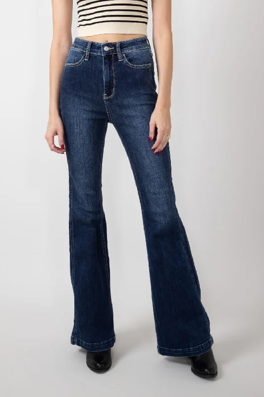 Judy Blue High Rise Angled Side Flare Jeans for Women | 82538-DK Stylish Stone-Wash Denim Jeans