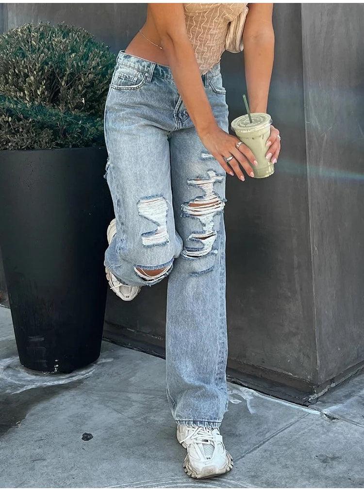 Low Waisted Ripped Front & Back Jeans Trendy Patchwork Denim Jeans