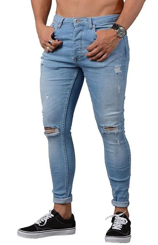 Men's Frayed Slim Fit Jeans Stylish Stone-Wash Denim Jeans